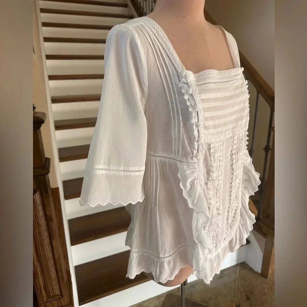 Juicy Couture White Lace Eyelet Ruffle Peasant Blouse Top Size 8